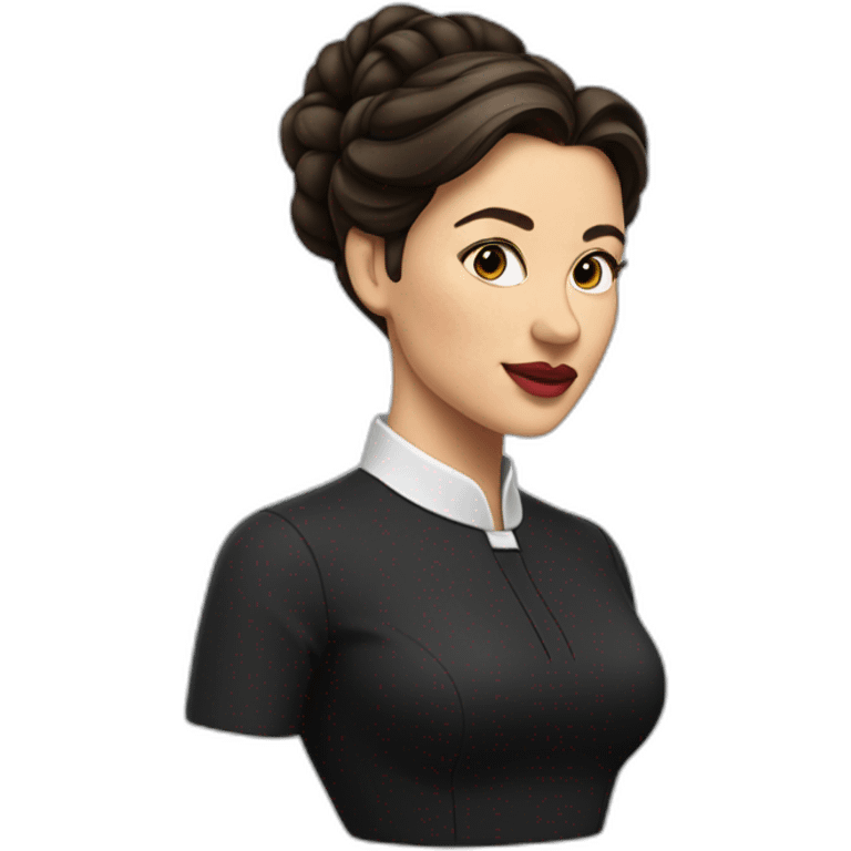 Brunette woman with hair up, clerical painted lips. emoji