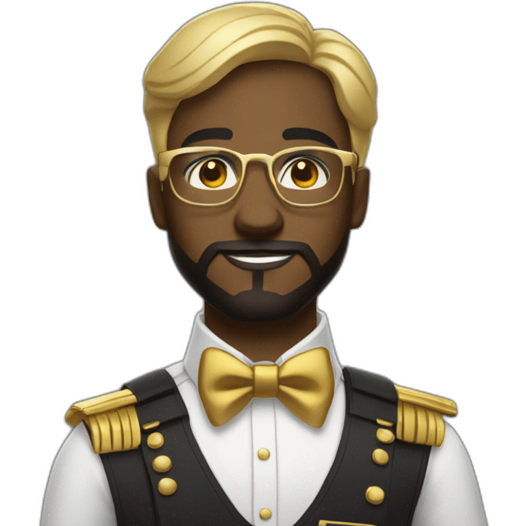 black soldier with beard, part in hair, white collared shirt, bow tie, gold glasses, bulletproof vest  emoji