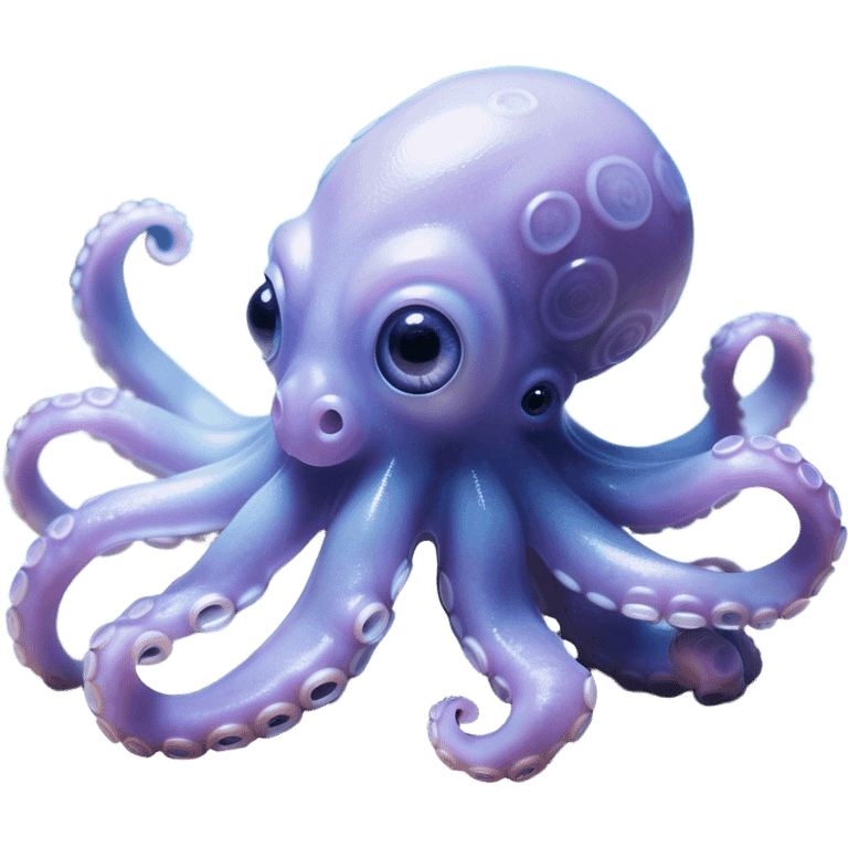 Cinematic Noble Baby Octopus Portrait Emoji, Poised and graceful, with a soft, rounded, slightly translucent body in a dreamy light blue-purple hue, large, glistening eyes full of quiet intelligence and mystery, delicate, flowing tentacles curling gently, Simplified yet sophisticated features, highly detailed, glowing with a soft, ethereal oceanic radiance, high shine, elegant and serene, stylized with an air of deep-sea wonder, focused and tranquil, soft glowing outline, capturing the essence of an otherworldly, intelligent little cephalopod, floating effortlessly in the gentle ocean currents! emoji