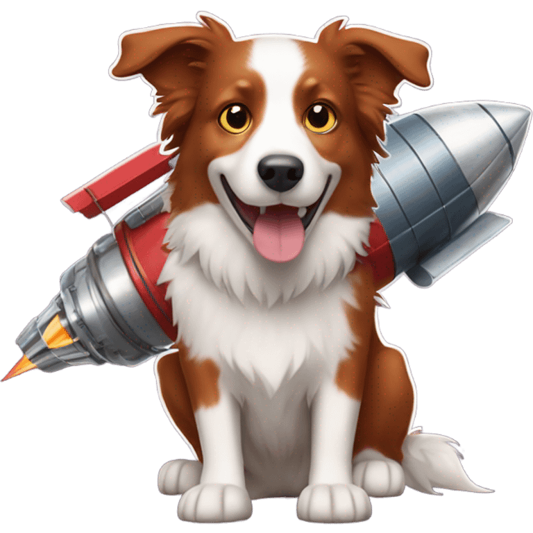 Red border collie with rocket engine emoji