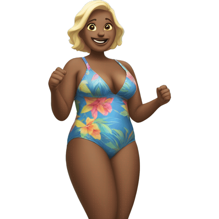 A big woman in a bathing suit on the beach with  emoji