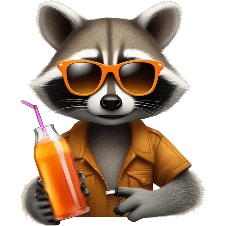 Raccoon with sunglasses, holding a vape in one hand and an aperol spritz in the other hand emoji