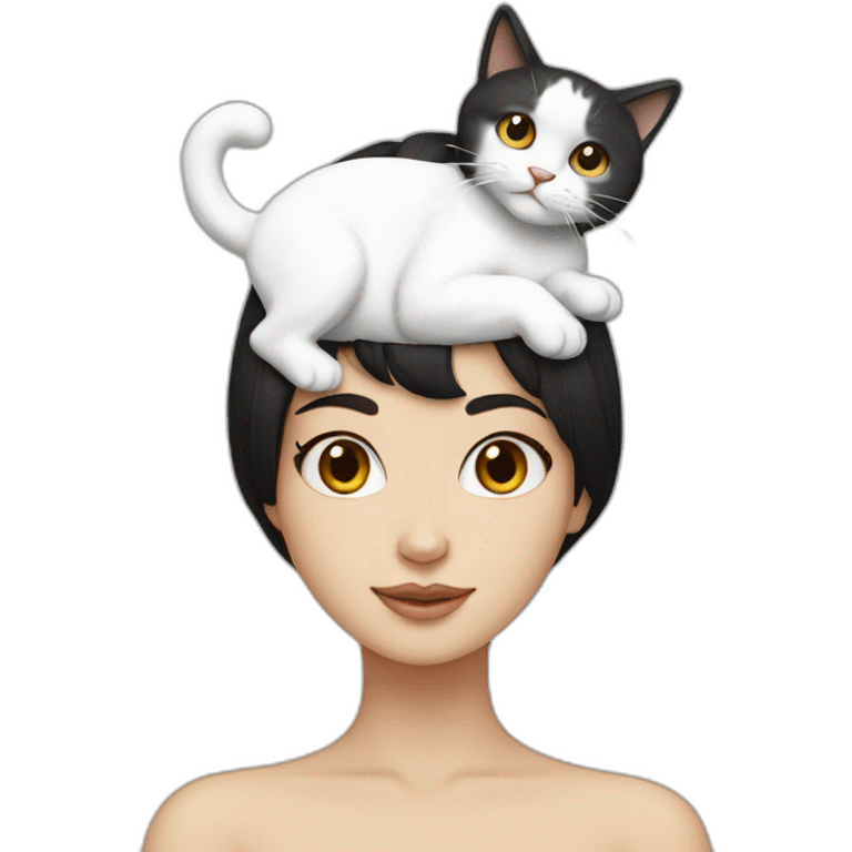 Black hair white girl with white cat on head emoji