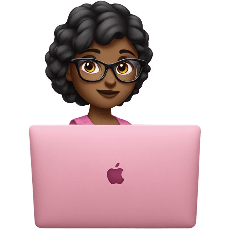 girl with black hair wearing eyeglasses working on a pink macbook laptop emoji