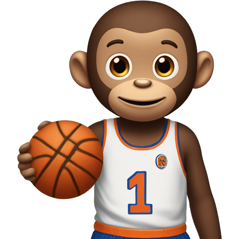 Cute Curious George wearing a knicks jersey number 11, holding a basketball  emoji