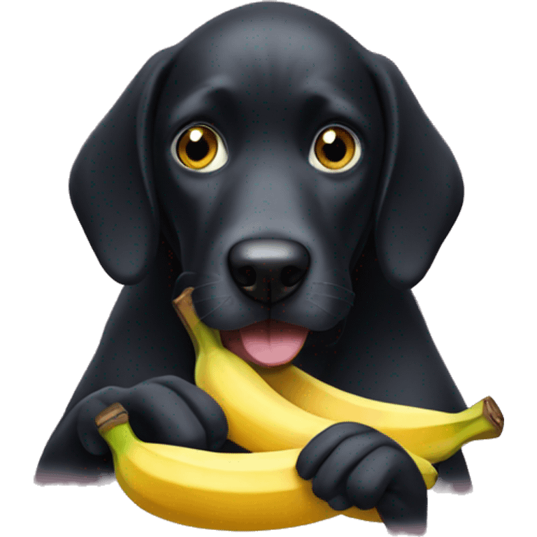 Big black dog eating banana with eyes emoji