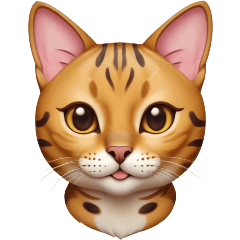 Cinematic Cute Bengal Cat Portrait Emoji, Head tilted playfully and inquisitively, sleek spotted brown and gold tones, Simplified yet adorable features, highly detailed, glowing with a warm, friendly glow, high shine, curious and affectionate, stylized with a touch of whimsy, bright and alert, soft glowing outline, capturing the essence of a mischievous yet loving kitten, so endearing it feels like it could pounce out of the screen and play! emoji