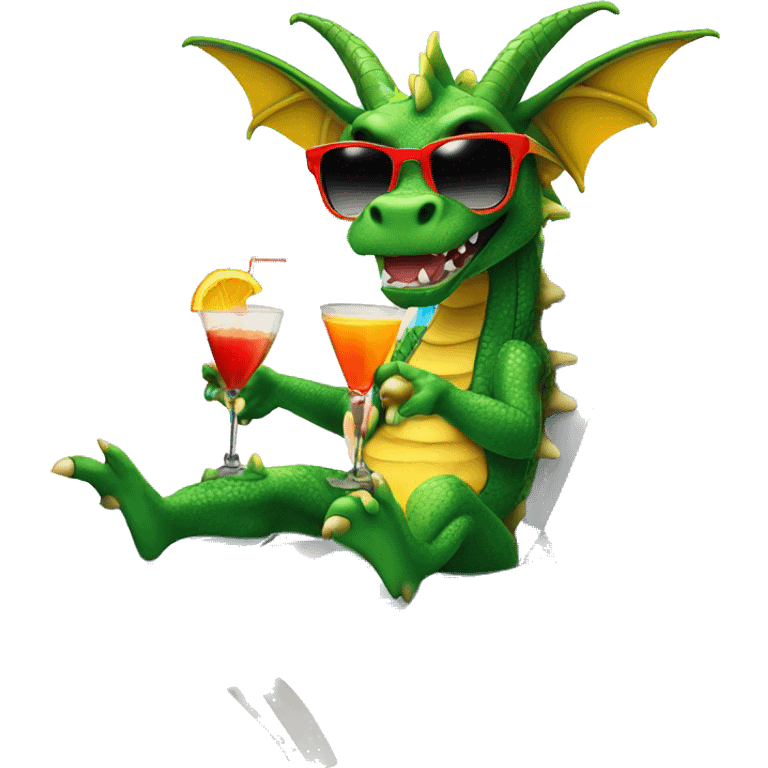 a dragon in sunglasses drinks a cocktail on the beach while sitting in a sun lounger emoji