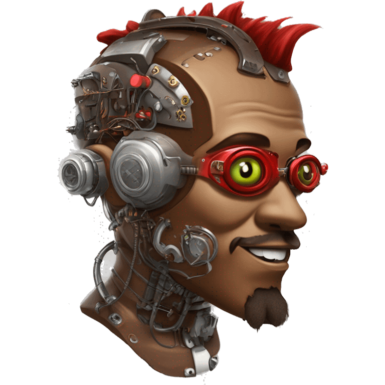 Brown cyborg head with red Mohawk, red beard, silver steampunk monocle goggles a smile and circuits emoji