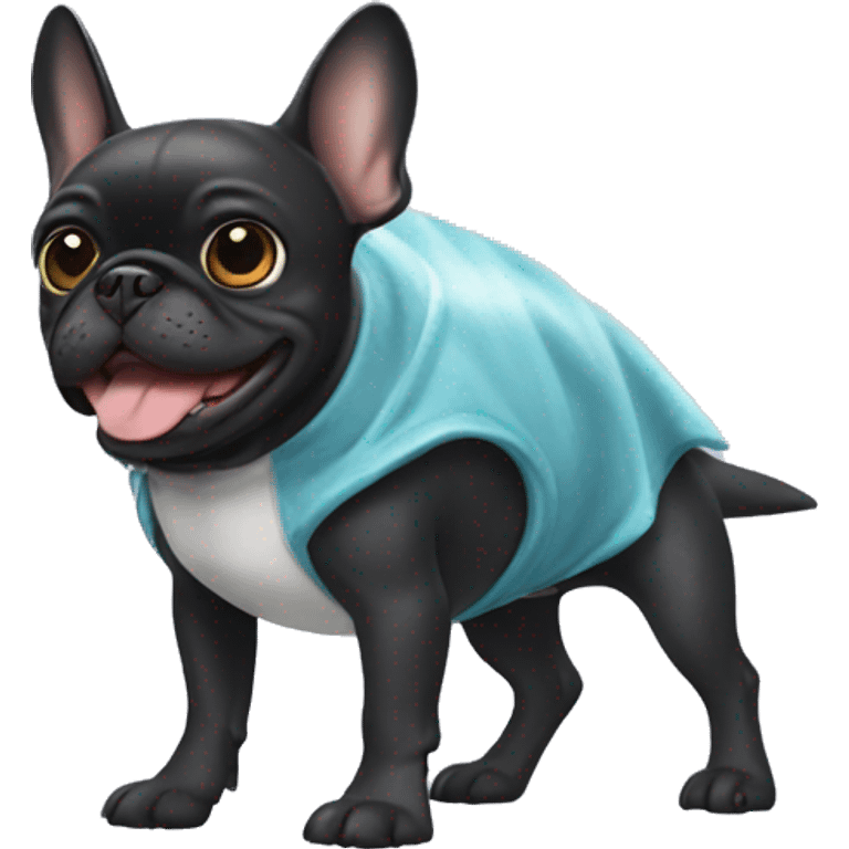 Black Frenchie wearing shark costume emoji