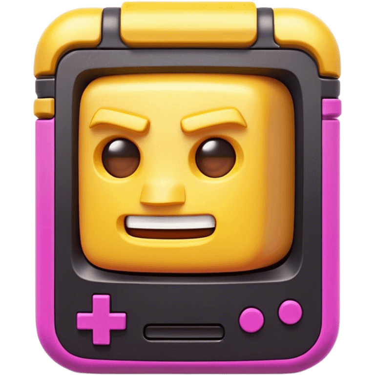 Clash of Clans aesthetic: Cinematic Playful Game Boy Portrait Emoji, rendered in a 3D vector-style similar to standard emojis with minimal shading and bold, simplified shapes. A compact, distinct form with signature details, softly glowing with a nostalgic gaming charm. Simplified yet unmistakably iconic, highly detailed and consistent, glowing with a soft radiance and high shine. Stylized with a touch of retro gaming magic and a soft glowing outline, capturing the essence of a beloved gaming relic with a friendly, playful manner! emoji