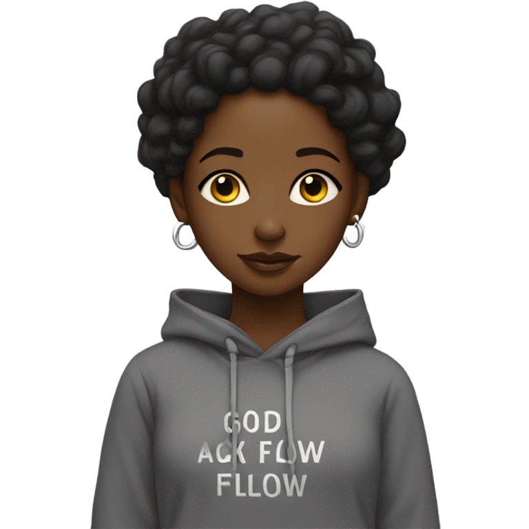 A black girl wearing a hoodie that says Gods Flow emoji