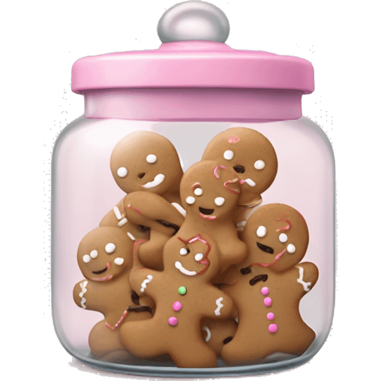 Realistic glass cookie jar with light pink lid full of gingerbread cookies isolated.  emoji