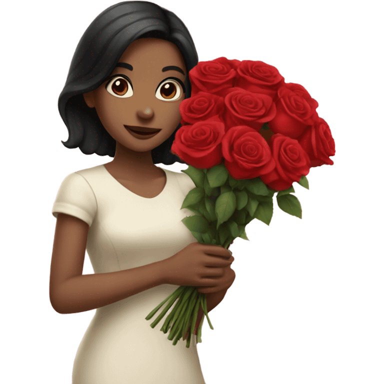 girl with black hair holding a bouquet of roses emoji