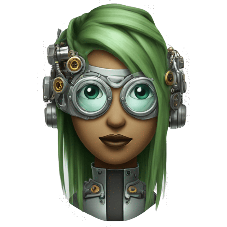 Olive green hair female cyborg head with silver steampunk goggles, goatee and circuits emoji