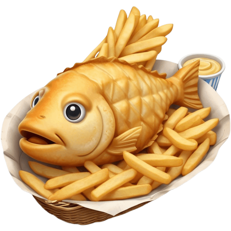 Cinematic Realistic Fish and Chips Dish Emoji, depicted with crispy golden battered fish and chunky hand‚Äêcut chips served in traditional newspaper wrapping, rendered with mouth‚Äêwatering texture and warm natural lighting that captures its quintessential British charm. emoji