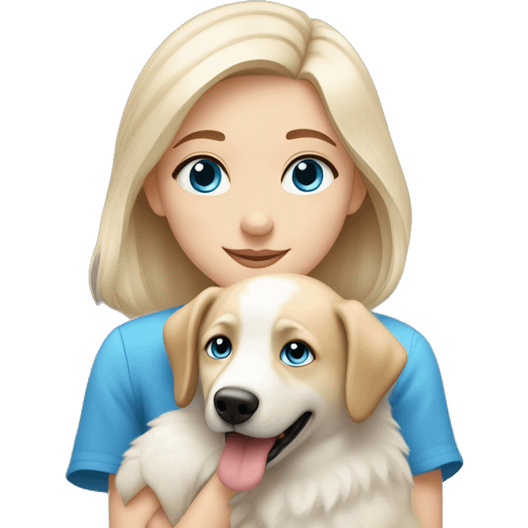 Blond girl with blue eyes cuddles a white Sheppard dog with brown eyes  emoji