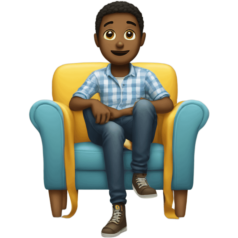 boy sitting on chair indoors with fake leg emoji