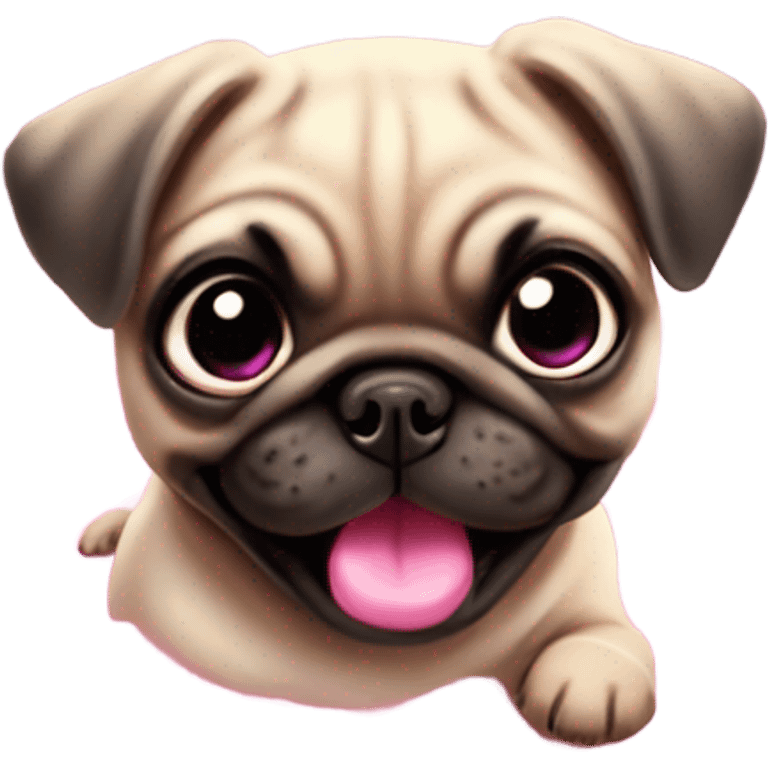 Baby pug with big pink
eyes wearing a pink bow above 1 ear jumping in a puddle  emoji