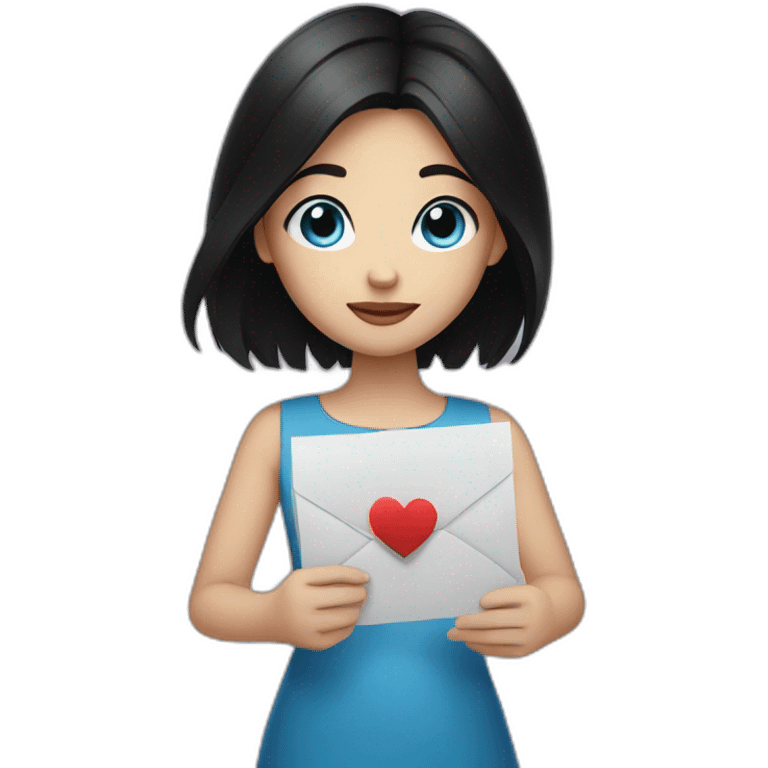 girl with black hair and blue eyes holding a love letter emoji