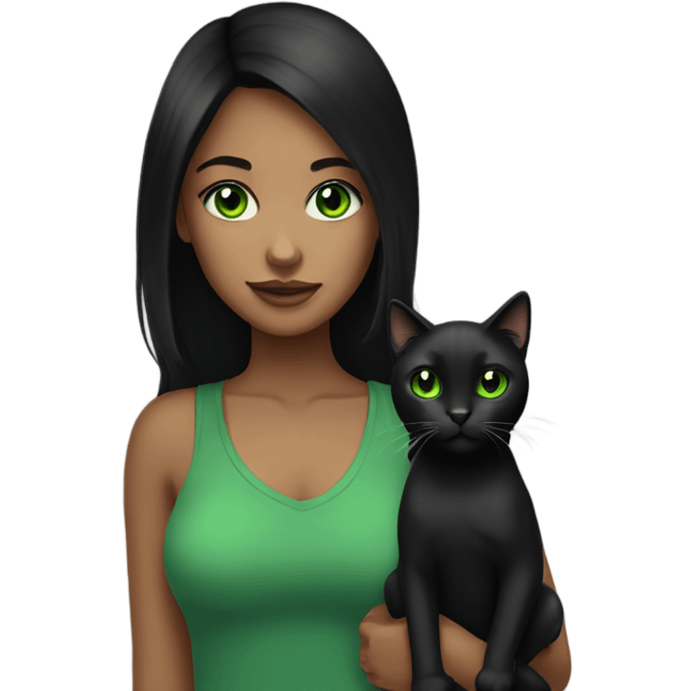 black haired girl with green eyes bring a black green eyed cat emoji