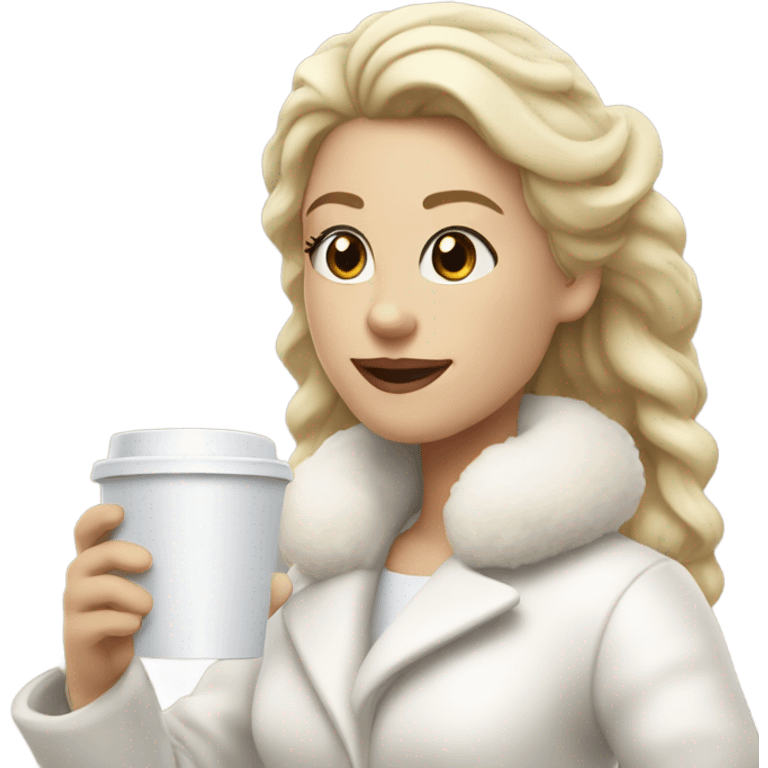 blonde girl wearing white fluffy jacket and a coffee to go in hand all dress white and a white bow on hair emoji