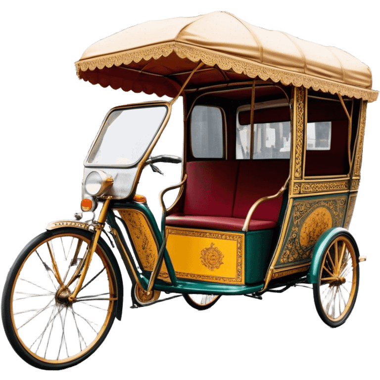 Cyclo rickshaw – Cinematic Realistic Cyclo Rickshaw, depicted as a charming, ornately painted three-wheeled cycle taxi with vintage detailing, set on bustling city streets under dynamic urban lighting that evokes cultural heritage and nostalgic charm. emoji