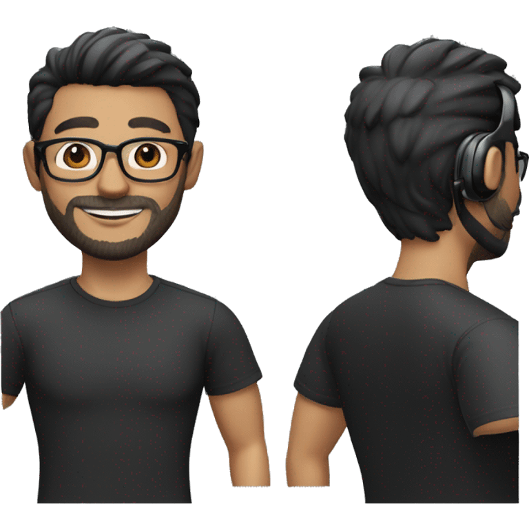 Create a Memoji-style avatar of a man with short black hair, glasses, and a beard. He is smiling and wearing a black shirt. He also has a pair of headphones around his neck. emoji