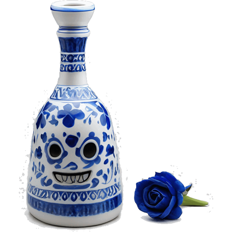 The Clase Azul Tequila bottle is tall and hourglass-shaped, with a wide base that tapers towards the neck. Its white ceramic body is decorated with cobalt blue floral designs, and it’s topped with a complete gray, bell-shaped stopper that curves inward  emoji