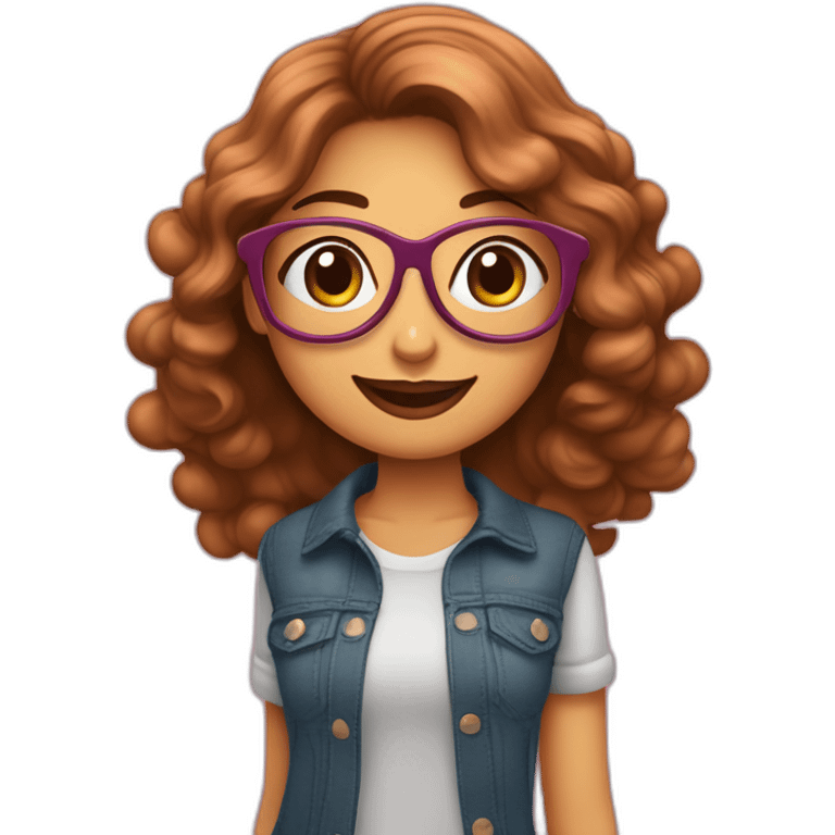 Chica de lentes, con expresión feliz, cabello marrón largo ondeado, labios color rosa oscuro, de tez trigueña reposando sus manos en la cabeza emoji