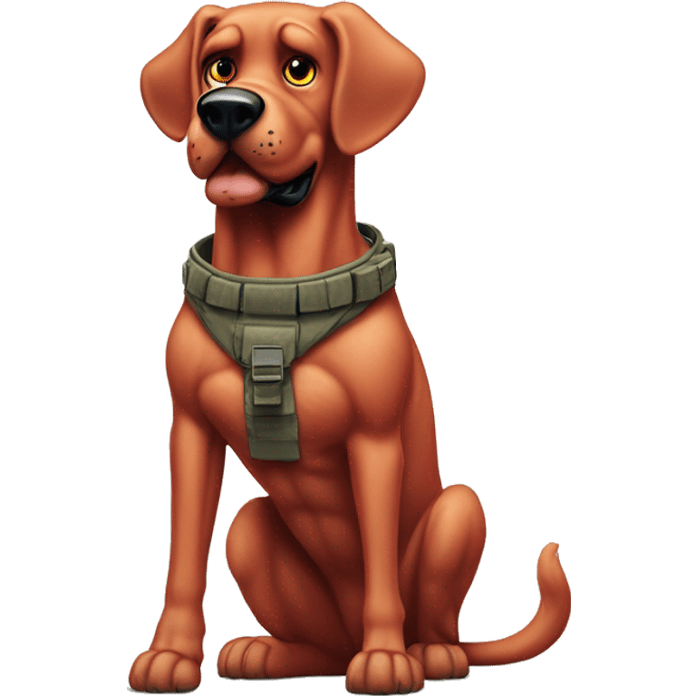 Desert storm hot Clifford the big red dog muscled with tattoos on arms book illustration as a military call of duty character standing alone emoji