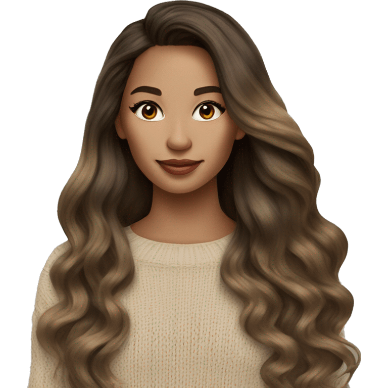 Brunette balayage long hair women beige sweater emoji