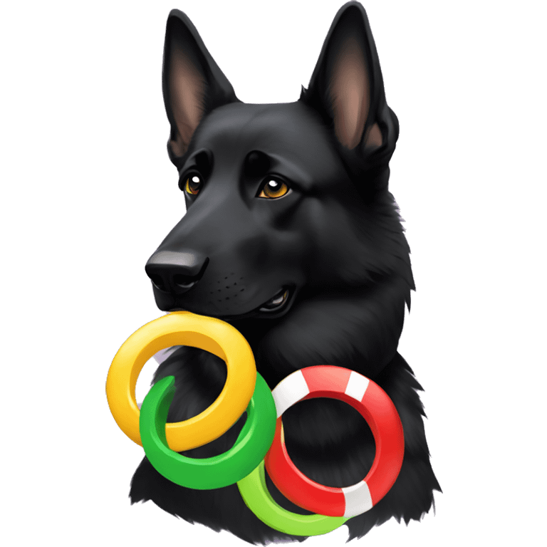 Black German shepherd with the 5 Olympic rings and tennis balls emoji