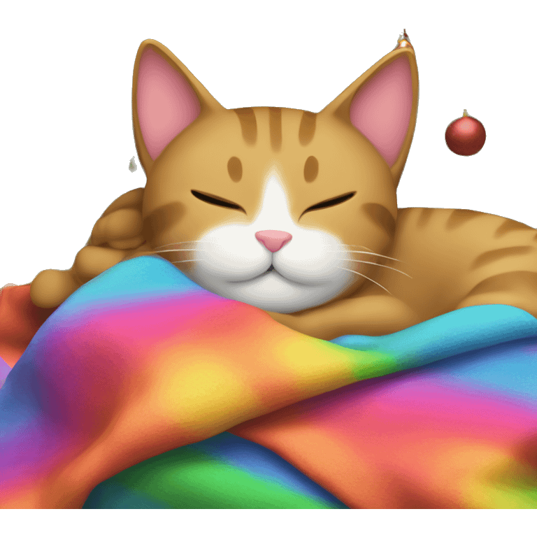 Rainbow cat sleeping with a blanket over it next to a Christmas tree emoji