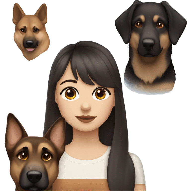 girl with dark brown hair, bangs, blue eyes and soft brown lips, fair skin and a German Shepherd dog emoji