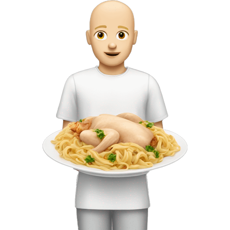 Half bald blonde boy with a dish of pasta and chicken emoji