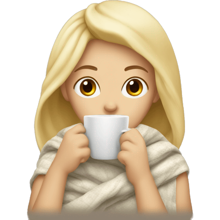 Blonde girl in blanket drinking coffee  emoji