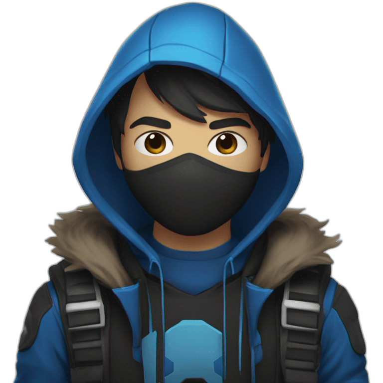 Boy brown developer left side behind his laptop with this style: Valorant Riot Game blue character blue black hooded hacker  emoji