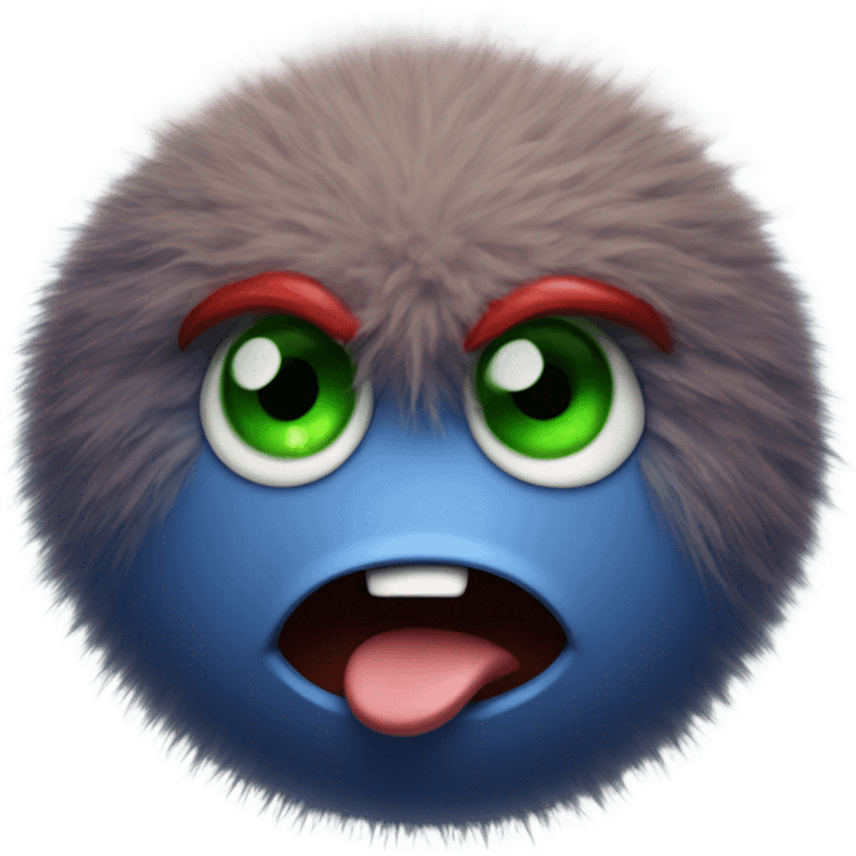 fuzzy blue ball with green eyes smiling with angry dark red eyebrows emoji