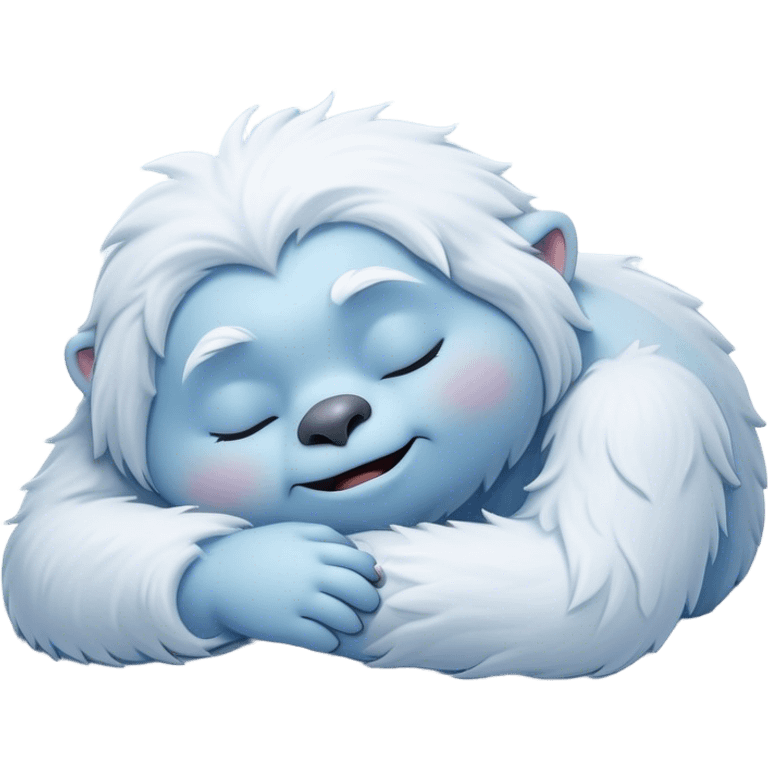 Meme-Worthy Cute Sleeping Yeti Portrait Emoji, with a charming, fluffy, snow-dusted figure in gentle whites and cool blues, head resting in blissful, serene slumber with closed, peaceful eyes and a small, contented smile, simplified yet irresistibly adorable, highly detailed with a soft frosty outline that captures the tender drowsiness of a yeti drifting into snowy dreams! emoji