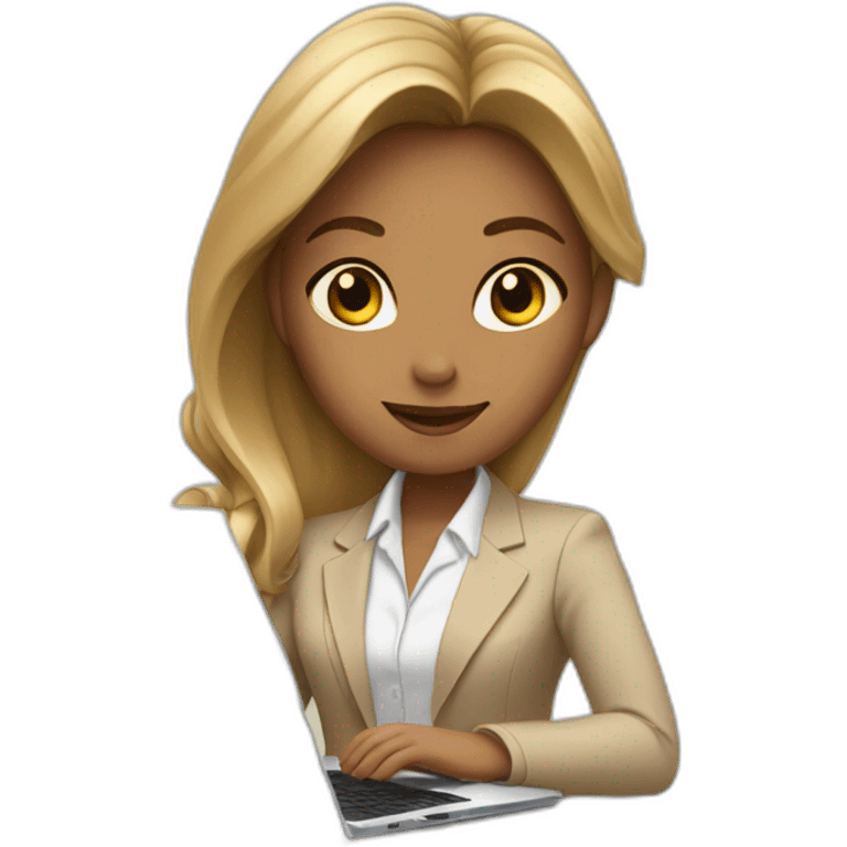 A girl in a beige business suit sits at a laptop emoji