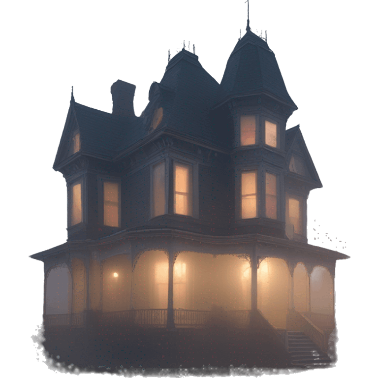 Wide view, A ramshackle Victorian mansion looms through dense fog at dusk  emoji