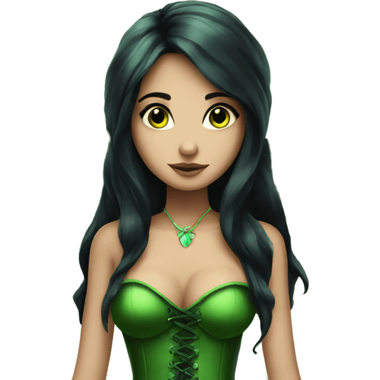 Fairy with long black hair deep green eyes green wings and green corset emoji