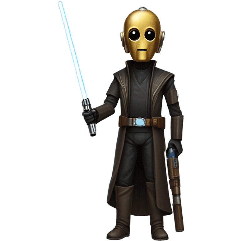 tough well-equipped jedi first order human-sized darkblue-pearl C3po as a friendly bounty hunter droid wearing a leather attire old west duster coat holding light saber ready  emoji