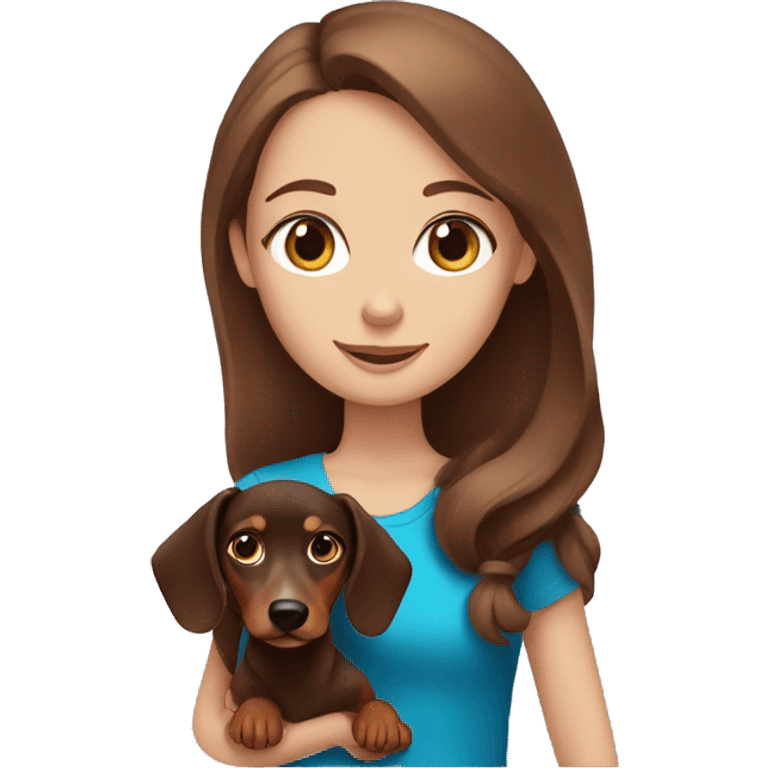 Girl with blue eyes and brown hair holding a dachshund emoji