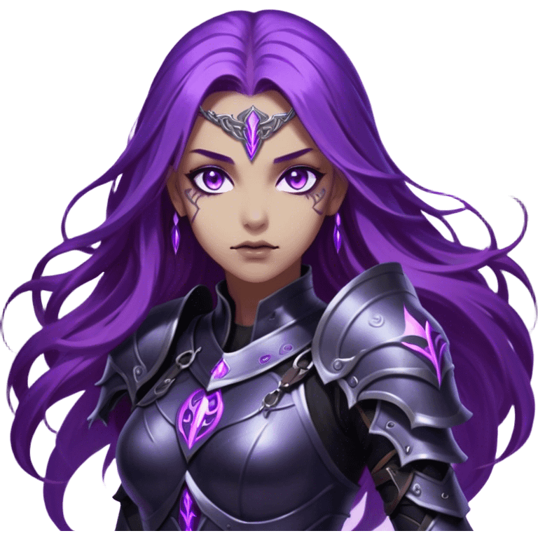 A mysterious warrior girl with long, flowing purple hair catching the dim light. Her glowing violet eyes stare forward, unwavering. She wears sleek black armor, adorned with silver runes that pulse faintly with hidden power. A dark mist swirls at her feet, hinting at the energy she commands. emoji