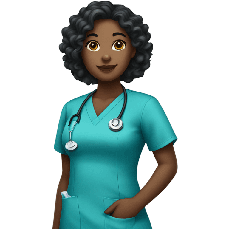 black woman wearing nursing scrubs with curly long black hair emoji