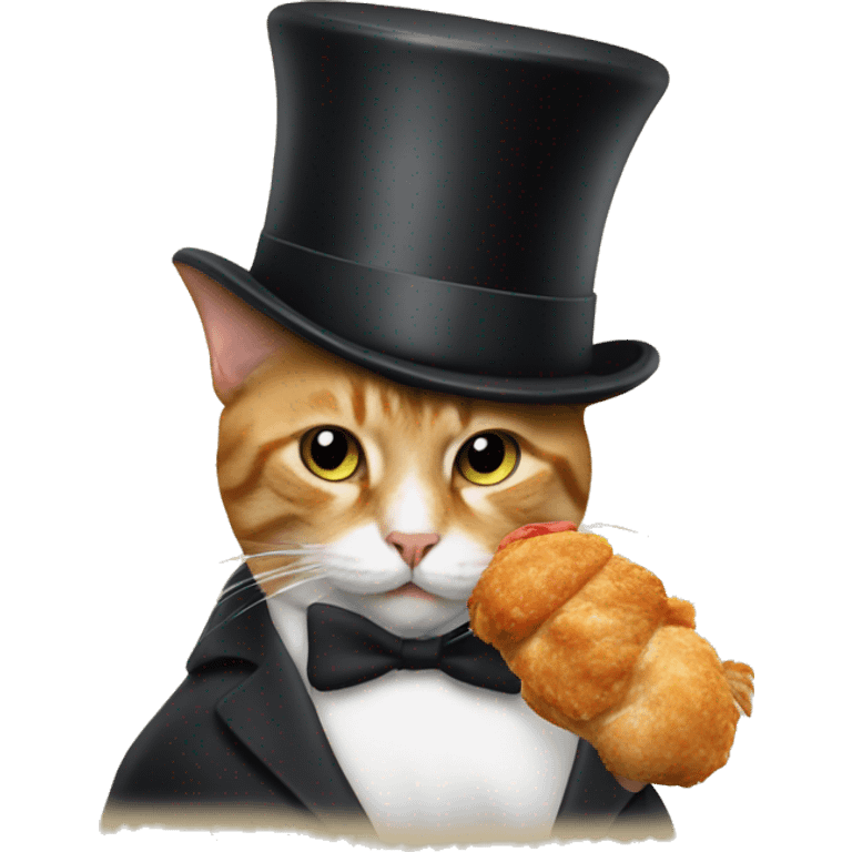 a cat wearing a top hat eating a piece of chicken emoji