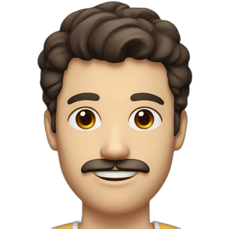 A young Caucasian man with dark brown, almond-shaped eyes, short dark brown hair, and a small dark brown beard with a more prominent mustache. emoji