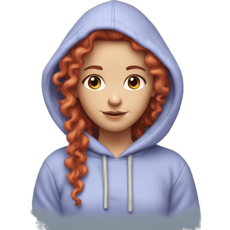 white girl with long red curly hair, wearing a pastel periwinkle hoodie doing a pose emoji